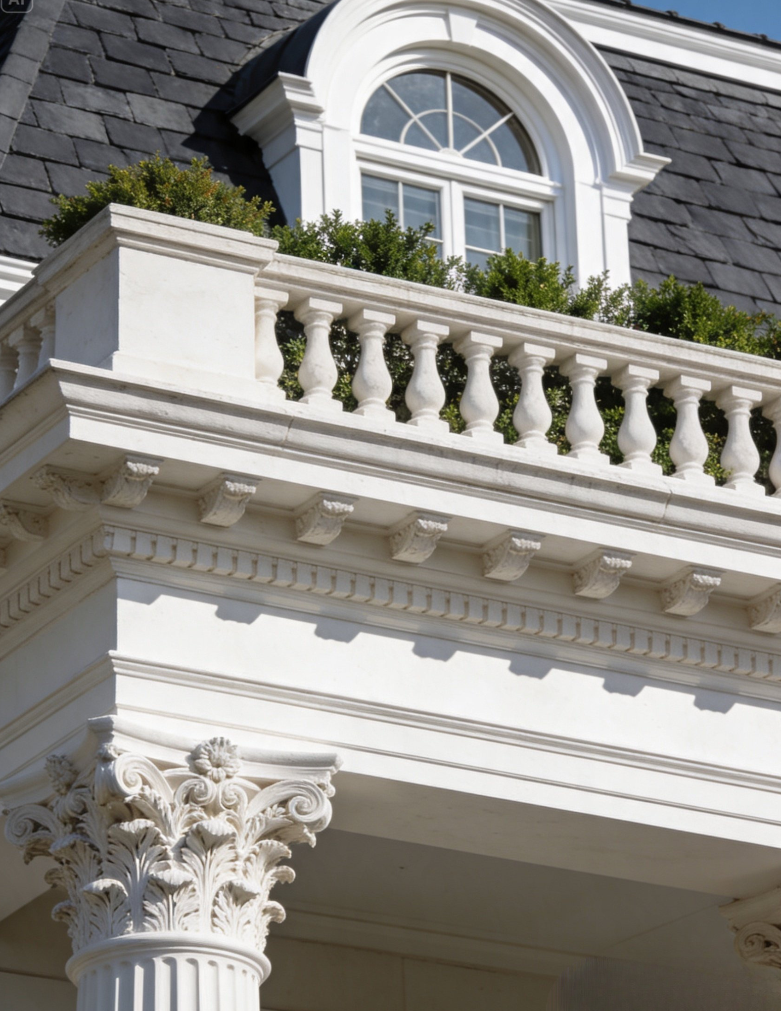Ornamen fasad rumah dengan detail dekoratif elegan