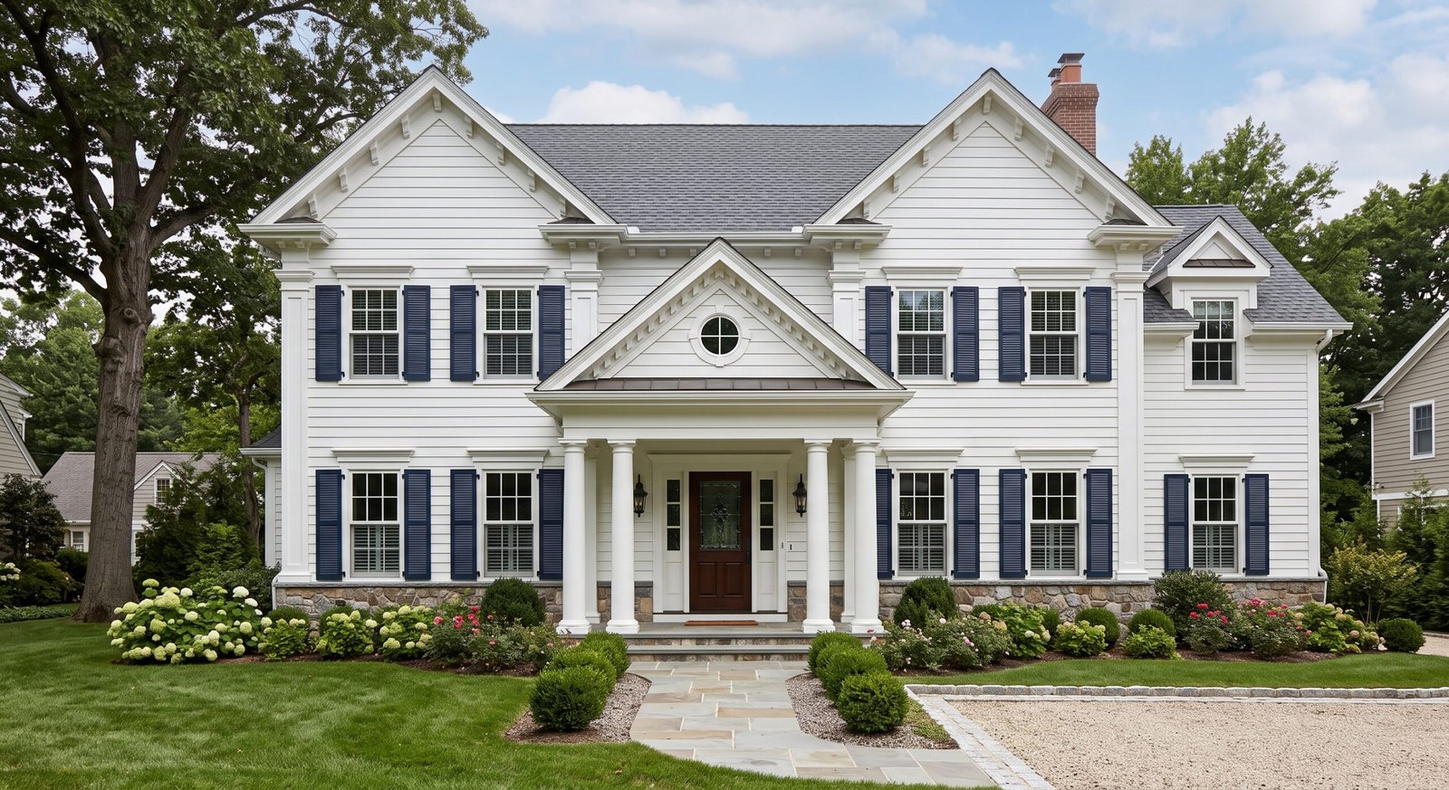 Inspirasi profil rumah American Classic dengan pilar dan detail fasad